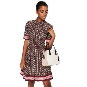 kate spade Brown Floral Short-Sleeve Fit-and-Flare Dress with Pink Trim